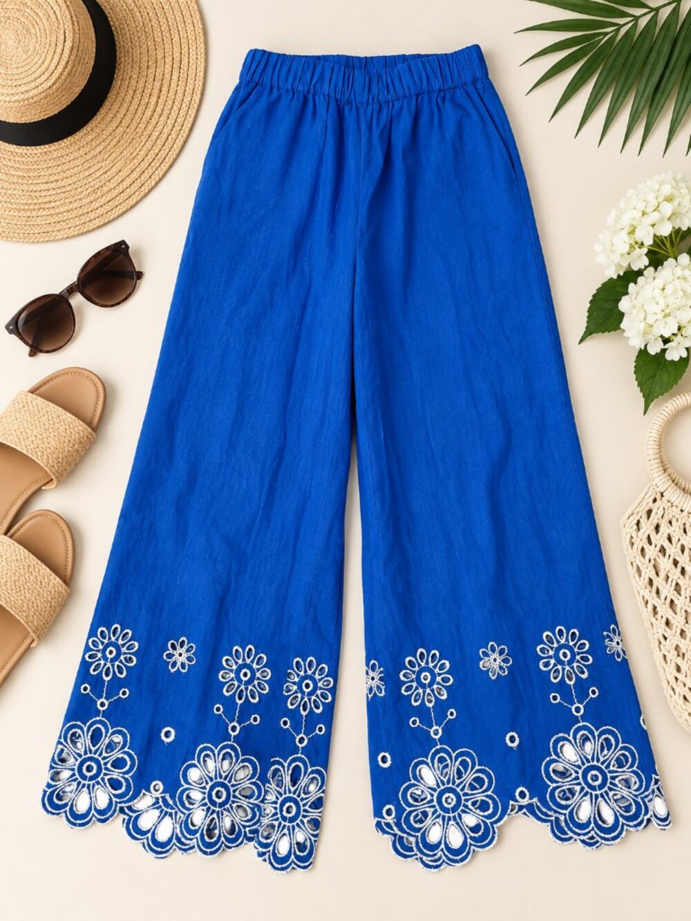 MAX Blue Eyelet Embroidered Wide Leg Pants UK 6 US 2 XS Boho